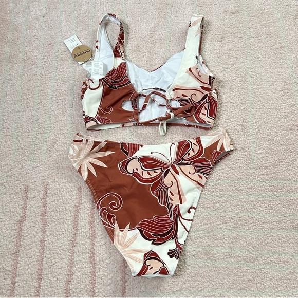 NWT Cupshe Terra Cotta Cream Butterfly Print Bikini Small Top Medium Bottoms - Picture 2 of 10